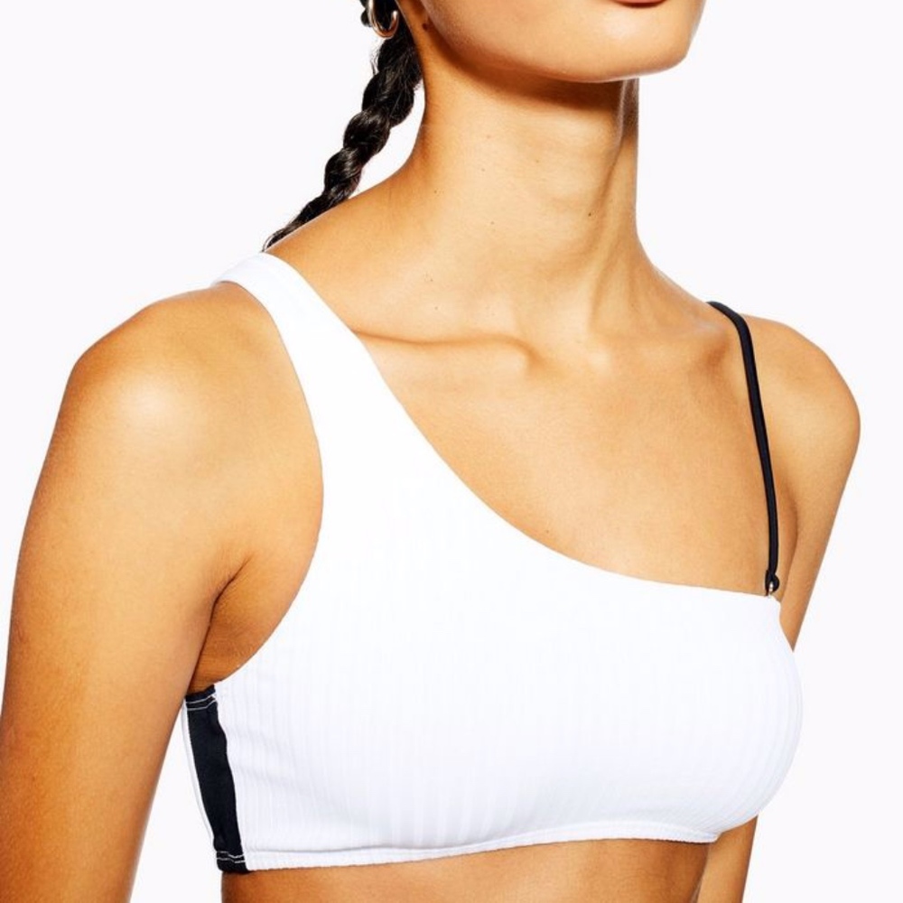 TOPSHOP RIBBED ONE SHOULDER BIKINI WHITE/BLACK